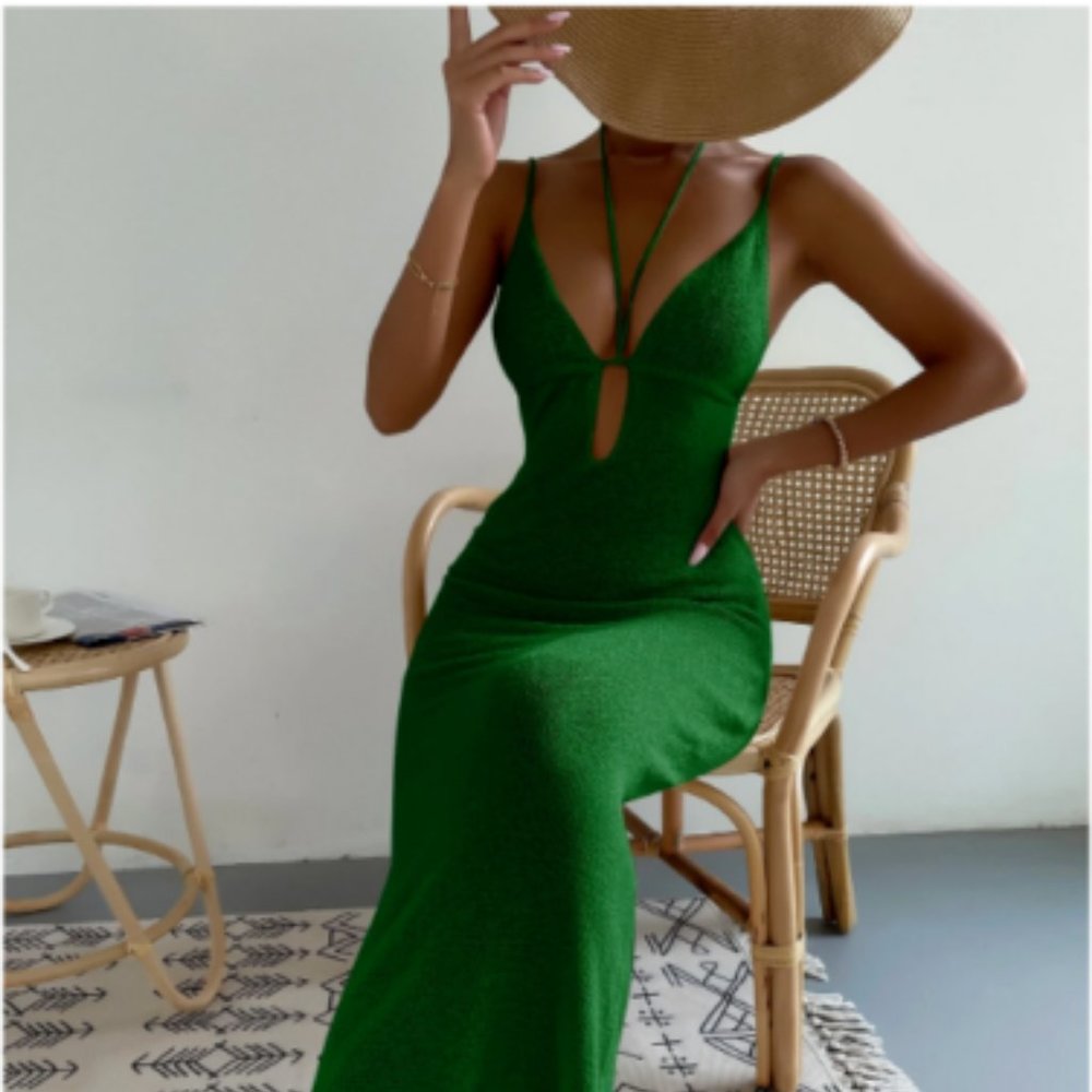 SHEIN Plain Cut-out Cover Up Dress GREEN LARGE